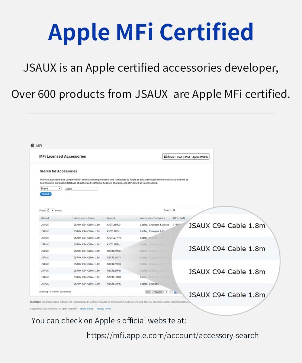 JSAUX [Apple MFi Certified Lightning Cable 6ft, iPhone Charger Cable Nylon Braided Heavy Duty, Upgraded C89 USB Lightning Cord for iPhone 11 Xs Max X XR 8 7 6s 6 Plus SE 5 5s, iPad, iPod-Red JSAUX [Apple MFi Certified Lightning Cable 6ft, iPhone Charger Cable Nylon Braided Heavy Duty, Upgraded C89 USB Lightning Cord for iPhone 11 Xs Max X XR 8 7 6s 6 Plus SE 5 5s, iPad, iPod-Red